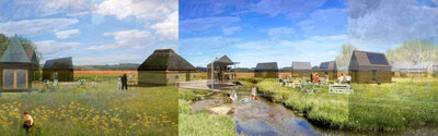 Seizoensgebonden recreatie in een landschap met nieuw aangelegde zoetwater retentie-bekkens.